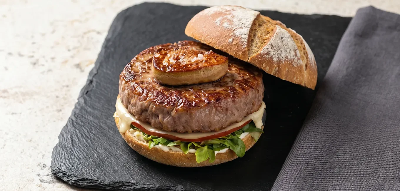 Burger de pato gourmet con foie gras fresco, queso Brie y cebolla caramelizada